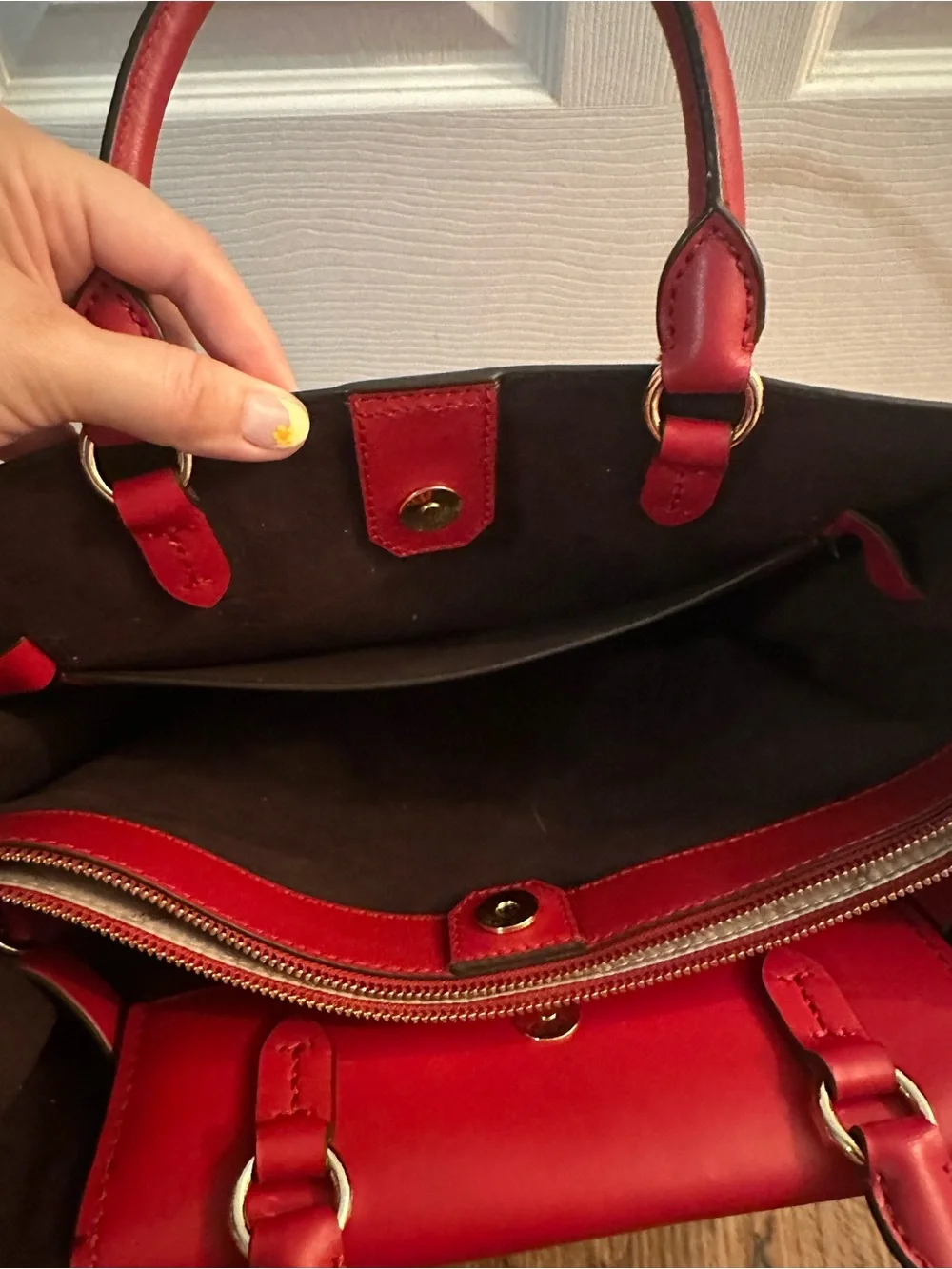 Michael Kors Red Leather Satchel with Gold Chain and Stud Accents